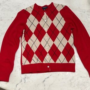 Lands' End Red and Cream Argyle Cardigan